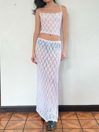 Bras Sets Women's Fashion High Street Wear 2 Piece Summer Clothing White Fitted Camisole Top Long Skinny Lace Slit Skirt Set