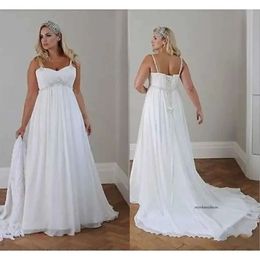 Skromne sukienki w dużych rozmiarach plażowe szyfon ślubny linia długość podłogi spaghetti Paski spaghetti koronkowe do tyłu proste eleganckie boho ślubne sukienki białe wed sukienki na pannę młodą 0509