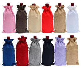 Jute Wine Bottle Covers Christmas Decorations Wine Bottle Bags Drawstring Packaging Gift Bags Rustic Hessian Christmas Wedding Din7373128