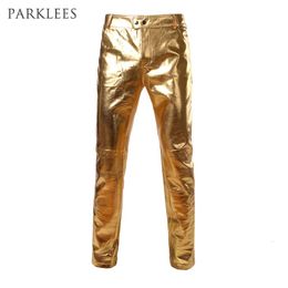 Motorcycle PU Leather Pants Mens Brand Skinny Shiny Gold Silver Black Pants Trousers Nightclub Stage Pants for Singers Dancers 240424