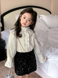 Clothing Sets Children's 2024 Spring Shirt Girl's French Lace Collar White Women's Treasure Design Bubble Sleeve Set