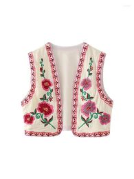 Women's Vests Elegant Red Flower Embroidery Print Summer Cardigan Vest Women V-Neck Sleeveless 2024 Fashion Beige Outwear