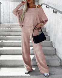 Women's Two Piece Pants Long Sleeved Diagonal Collar 2024 Selling Fashion Ribbed Cold Shoulder Top And Set