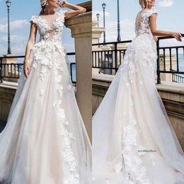 Gorgeous Appliques Lace Cap Sleeve Wedding Dresses Illusion Bodice Tulle A Line Garden Long Plus Size Bridal Gown 0509