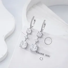 Stud Earrings Real S925 Silver Long Women 9mm Square Diamond Female High Carbon Zircon Original Design Luxury Jewellery Girl