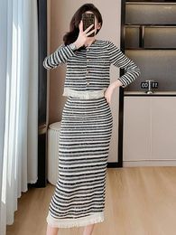 Work Dresses Vintage Women O Neck Tassel Knitted Two Piece Set Autumn Winter Striped Long Sleeve Sweater High Quality Bodycon Midi Skirt