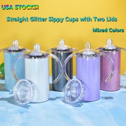 Local Warehouse Sublimation Glitter 12oz Sippy Cups Mugs with Two Lids White Blanks Straight Kid Tumblers Stainless Steel Double Wall I 2439
