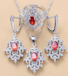 Elegant Women Wedding Costume Jewellery Sets Natural Stone Red Garnet Dangle Earrings And Necklace Ring Bridal Sets H10224349563