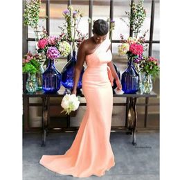 Peach Sexy Mermaid Bridesmaid Dresses for African Black Girl One Shoulder Long Satin Wedding Party Dress 2021 Women Formal Prom Gowns 0509