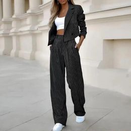 Women's Two Piece Pants Spring Women Outfit Suit Elegant Business Set With Striped Wide Leg Turn-down For Office