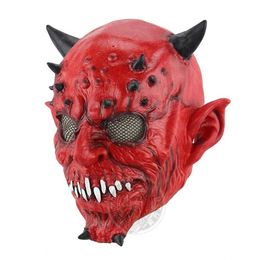 Party Masks Red Hell Demon and Bullhorn Latex Mask Terror Satan Halloween Makeup Bar Q240508