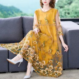 Casual Dresses Summer Embroidery Floral Natural Silk Light Midi Dress Women Korean Fashion Beach 2024 Elegant 5XL Plus Size