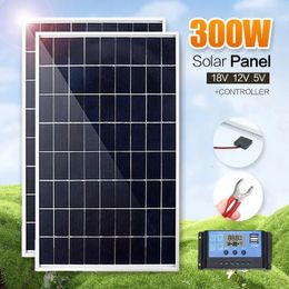 300W Solar Panel Kit Complete 5V 12V Polycrystalline USB Power Portable Outdoor Rechargeable Solar Cell Generator for Camping 240508