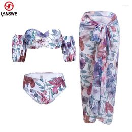 Women's Swimwear Lanswe Strapless Bandeau Bikini Set Sexy High Waist Separate Swimsuit 2024 Casual Resort Beach Dress Cover-ups