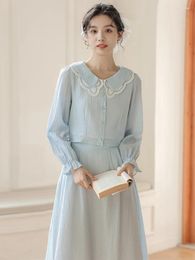 Work Dresses Mori Sweet Two Piece Set Women Doll Neck Cute Flare Sleeve Top Elastic Skirt Elegant Autumn Blue Gentle Vintage Women's Outfits