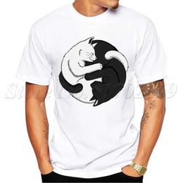 Men's T-Shirts Yin Yang Cats Design 2024 Newest Men t-shirt Summer Fashion White Black Cat Hug Printed T Shirts Short Slve Hipster Tops Y240509