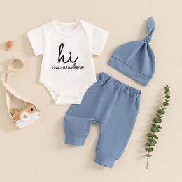 Clothing Sets Baby Boys Summer Outfits Letter Embroidered Crew Neck Short Sleeve Rompers Long Pants Hat 3Pcs Clothes Set