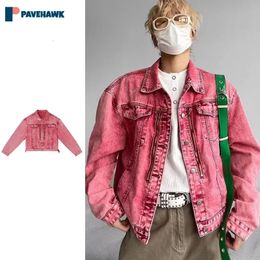 Retro Men Short Denim Jacket Loose Autumn Lapel Pink Washed Distress Cowboy Coat Male Y2k Japanese Harajuku Cargo Outwear 240428