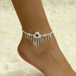 Red Crystal Chain Ankle Bracelet On Leg Foot Jewellery Rhinestone Tassel Anklet For Women Wedding Bridal Party Accessories