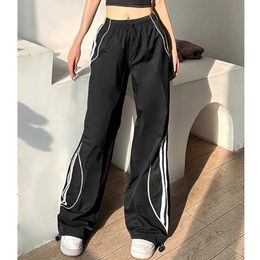 Women's Pants Capris Womens Y2K Clothes Striped Baggy Track Tracksuits Pants Korean Fashion Clothing Wide Leg Black Trousers For Men Y240509