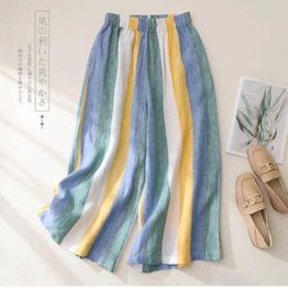 Women's Pants Capris Cotton Linen Pants Colour Stripe Loose Casual Vintage Korean Style Harajuku Trousers Wide Leg Pants Women Clothing Baggy Pants Y240509