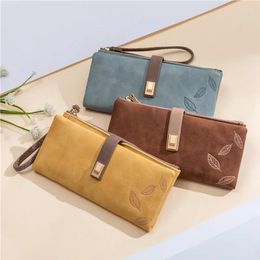 Wallets 2024 Women's Wallet Fashion Long Design Retro Clasp Interior Compartment Frosted Leaf Print Buckle Zip Female Handbag