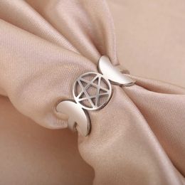 Wedding Rings Skyrim Triple Moon Goddess Pentagram Rings for Women Stainless Steel Pentacle with Two Moons Ring Wicca Amulet Jewellery Gift 2024