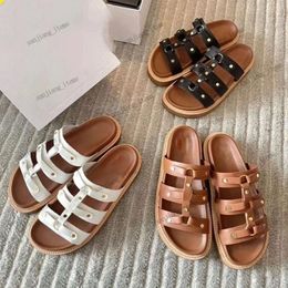 LOGO Embossed slippers women's Triple Straps Studded Slipper Textile Platform Wedge Sandals 2024 summer thick soles leather Roman slides flat flip flops Dad mule