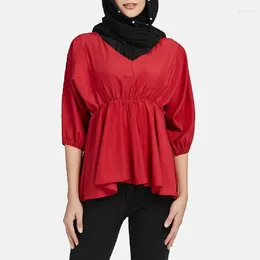 Ethnic Clothing Ramadan Solid V-neck Blouses 2024 Spring Women's Thin Slim Blouse Malaysia Abaya Elegant Fashion Female Tops Shirt