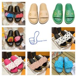 2024 Designer Women Slippers POOL PILLOW Mules Rubber Bottom Width Slides Hook Loop Fastener Leather Luxury Slide printed mens Slide