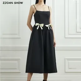 Casual Dresses 2024 Retro Hepburn Slash Collar Spliced Bow Swing Midi Dress Women Corset Style Low Waist Side Pockets Long Sling Robe