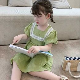 Girl's Dresses Girls Summer Dress 2024 New Korean Edition Childrens Western Thin Square Neckline Girl Baby Princess Green DressL2405
