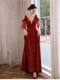 Party Dresses Elegant Wine Red Evening Dress Women's Sequin V-neck Off The Shoulder Beading Tassles Backless Plush Fabric A-line Vestido