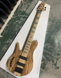 Left Hand 5 Strings Natural Wood Colour Electric Bass Guitar with Black Hardware Offer Logo/Color Customise