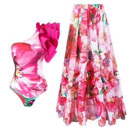 2024 Fashion One Piece Swimsuit Skirt One Shoulder Swimsuit Print 3D Floral Swimwear Women Slimming Bathing Suit Beach Wear 240509