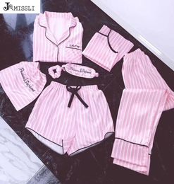 JRMISSLI pyjamas women 7 pieces Pink Pyjamas sets satin silk Sexy lingerie home wear sleepwear pyjamas set pijama woman T2001107518007