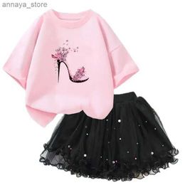 Clothing Sets Summer Girls Fashion Clothing Set Party Clothing Butterfly High Heel Printed T-shirt+Tutu Skirt 2-piece SetL2405L24045