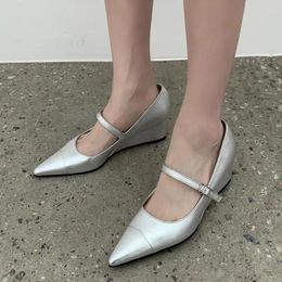 Dress Shoes Retro Silver Pointed Wedge Mary Jane Shallow Versatile Fairy Style Pumps Lether Buckle Ladies High Heels Women Zapato