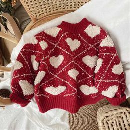 Sets Girls Red Thick Christmas and New Year Sweater 2023 Childrens Fashion Love Jacquard Round Neck Knitted Q240508