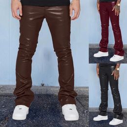 Mens Leather Pants Autumn Casual Street Fashion Solid Colour Bell Bottoms Joker Casual Pants Men 240424