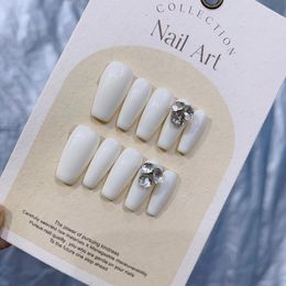 Milky White Press On Nails Handmade Medium Square Fake Nails with Rhinestone DecorationLuxurious and Glamorous NoEM19217 240430