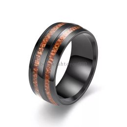 8mm Stainless Steel Inlay Wood Rings Tail Ring for Mens Engagement Wedding Bands Double Row Small Wood Grain Ring Fashion Jewelry