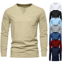 Men's T Shirts Trendy Spring And Autumn Pullover Casual Long Sleeved V-Neck T-Shirt Simple Daily Button Pocket Solid Color Top Clothes