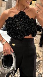 Women's Tanks Rose Bloom Flower Applique With Satin Halter Neck Back Lace-up Straps Gorgeous Top In Black