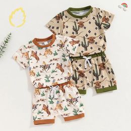 Clothing Sets 2024-04-03 Lioraitiin Toddler Boys Western Outfits Short Sleeve Cactus Cattle/Cactus Horse Print Tops And Drawstring Shorts