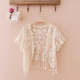 Women's Knits Tees Womens summer short sleeved tassel lace cardigan flower crochet beach cover shawl open front crop jacket N7YDL2405