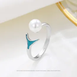 Cluster Rings S925 Sterling Silver Pearl Fish Tail Open Ring Small And Unique Personality Female Jewellery