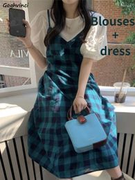 Work Dresses Women Sets A-line Plaid Midi Dress Puff Sleeve Blouses O-neck Ulzzang Summer Casual Vintage Students All-match Cosy Simple