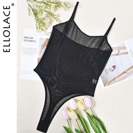 Ellolace Lace Bodysuit Sheer Mesh One Piece Bright Body Women Solid Sexy Top Crotchless Sissy Naked Tight Fitting Teddy Lingerie 240423