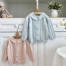 Sets Spring and autumn childrens knitted cardigan sweater girl baby pleated collar long sleeved top coat cotton fashionable jacket Q240508
